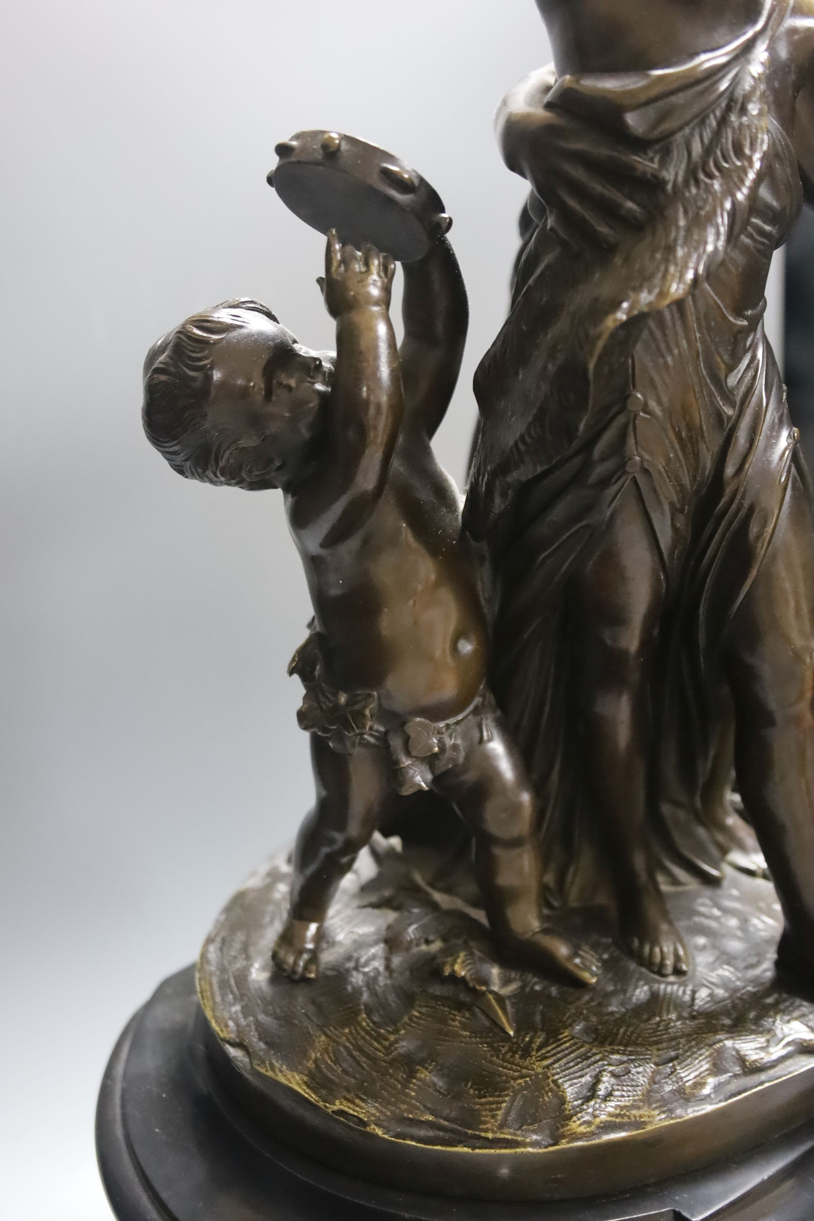 A large 19th century bronze and marble figural mantle clock, Gautier editeur foundry mark 64cm. Key and pendulum